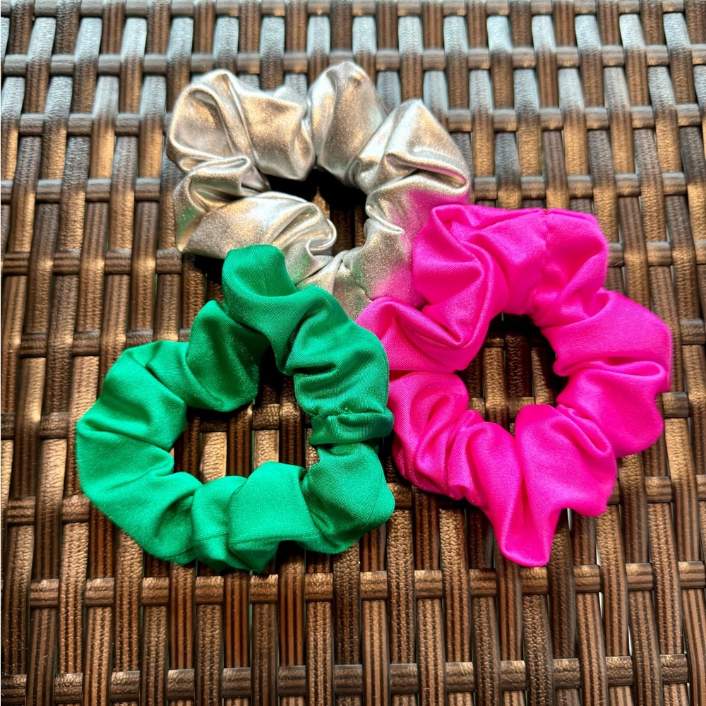 Colorful Satin Spandex Scrunchies - Green, Pink, Silver